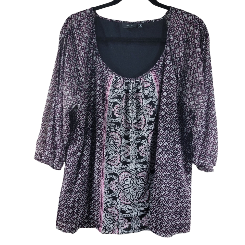 Apt 9 Tunic Top Size 1X Womens Lined Blouse Black Pink EUC Pullover